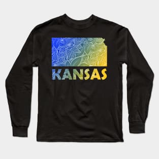 Colorful mandala art map of Kansas with text in blue and yellow Long Sleeve T-Shirt